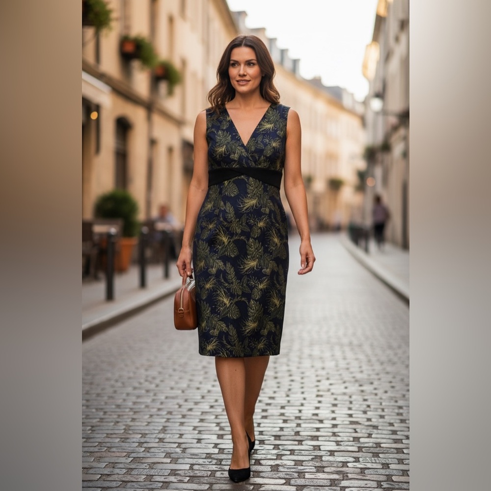 New Max Studio Beautiful Green Leaf Print & Navy Double V Sheath Dress